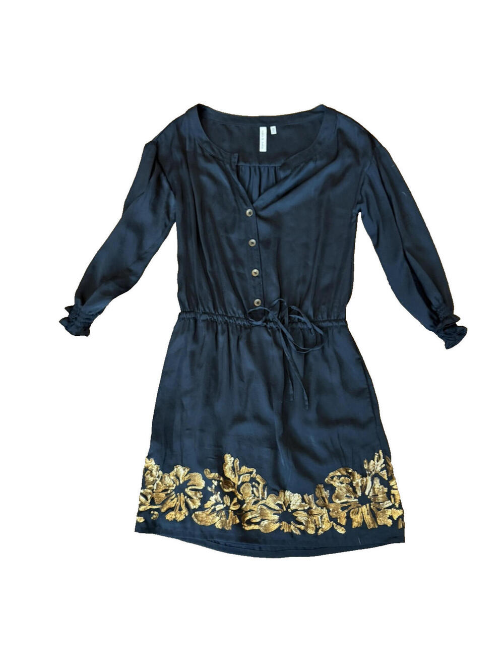 Robbi & Nikki Navy Mini Dress XS Gold Floral Embroidered Boho L/S Whimsigoth EUC